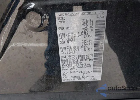 2019 Nissan Rogue Sl from USA, damaged, VIN 5N1AT2MT6KC763357